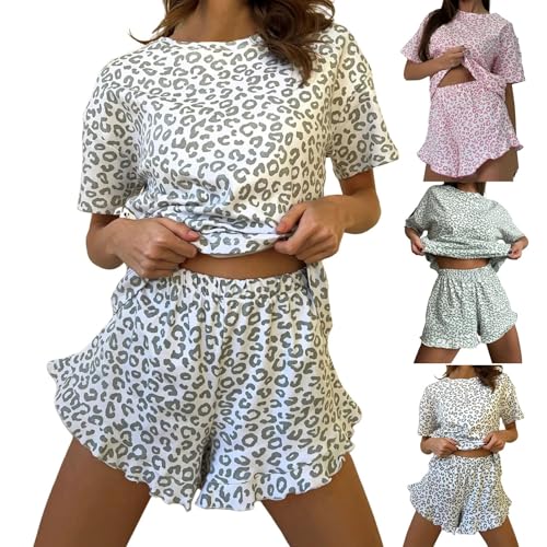 Pyjama Set Leo, Schlafanzug Damen Kurzarm Pyjama, Nachthemden Atmungsaktiv Pyjamas Mit Aufdruck Schlafhose Locker Hausanzug Nachtwäsche Schlafshirt Dünn Schlafanzug Kuschelig Schlafhosen von Generisch