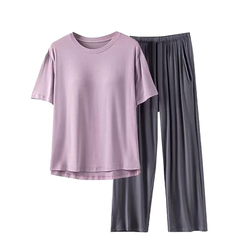 Pyjama Set für Damen mit Integriertem BH Einfarbig Schlafanzug Damen Sommer Casual Loose Kurzarm Tops & Breite Beine Hosen Sets Hausanzug Bequemes Casual Leichtes Heimkleidung von Generisch