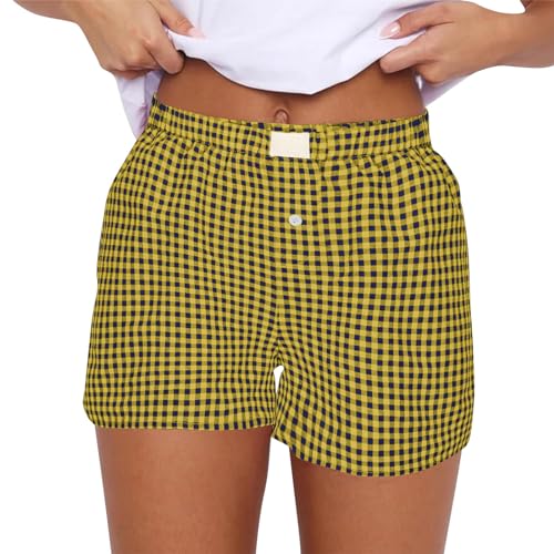Pyjama-Shorts für Damen, kariert, Sommer, lässig, Hotpants, bequem, einfarbig, kurze Hose mit einem Knopf, Y2K, niedlich, weich, elastisch, niedrige Taille, karierter Druck, Pyjama-Shorts, Nachtwäsche von Generisch