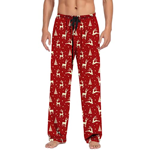 Pyjamahose Weihnachten Herren Lange Schlafanzughose Schlafhose Haushose Freizeithose Yogahose mit Gürtel and Taschen Schlafanzughose Herren Lang Fleece Warm Weihnachts Freizeithose Rentier (h-C, L) von Generisch
