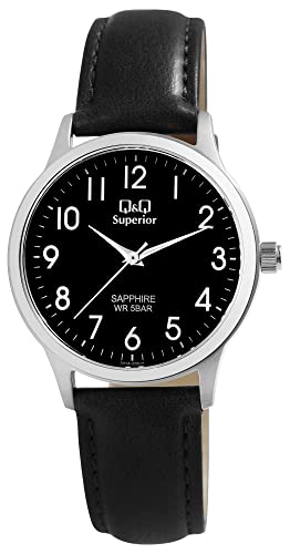 Q&Q Superior by Citizen Damen Herren Armband Uhr Schwarz Leder Saphirglas Unisex 5ATM Analog Quarz von Generisch