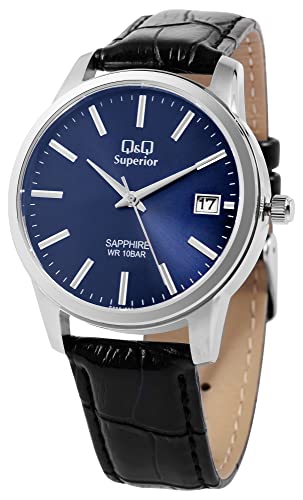 Q&Q Superior by Citizen Herren Armband Uhr Blau Schwarz Datum Leder Saphirglas S330J302YU von Generisch