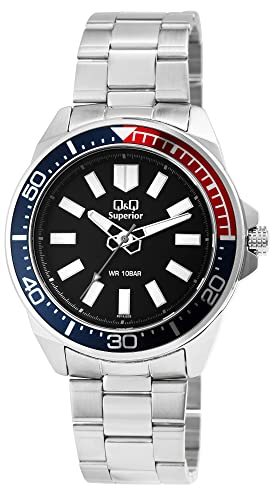 Q&Q Superior by Citizen Herren Armband Uhr Schwarz Blau Rot Edelstahl Saphirglas 10ATM Analog Quarz von Generisch