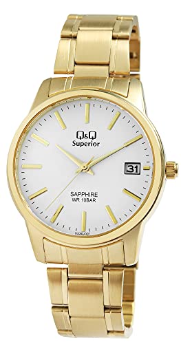 Q&Q Superior by Citizen Herren Armband Uhr Weiß Gold Edelstahl Saphirglas 5ATM Analog Datum Quarz von Generisch