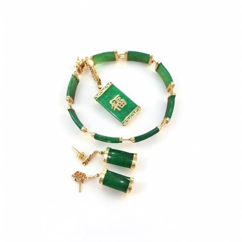 Quadratische Halskette, Ohrringe und Armband, 3-teilig, schöne grüne Jade-Anhänger, Halskette, elegant, schick, Hochzeitsbankett, Schmuck-Set, geeignet für Frauen, Brautschmuck, Einheitsgröße, Jade von Generisch
