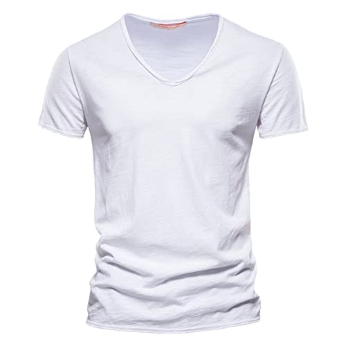 QualitäT Baumwolle MäNner T-Shirt V-Ausschnitt Mode Design Slim Fit Soild T-Shirts MäNnliche Tops Tees Kurzarm T-Shirt FüR MäNner Mode Casual Loose Fit Herren Leichte Sommer Bequeme Bekleidung Tops von Generisch
