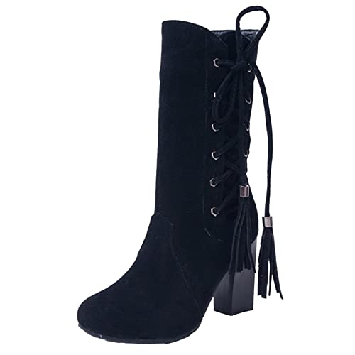 Quaste Riemen Seitlicher Reißverschluss Chunky High Heel Medium Stiefel Jungen 40 (Black, 41) von Generisch