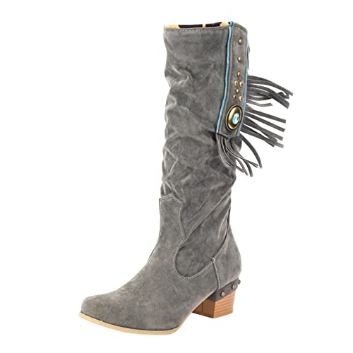 Quaste Strass Stiefel Spitzschuh Chunky High Heel Stiefel Schnee Damen (Grey, 37) von Generisch