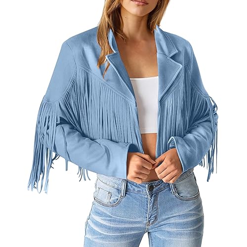 Quasten Jacke Damen Fransenjacke: Lederjacke Damen Kurz Leder Bikerjacke Revers Motoradjacke Langarm Übergangsjacke Vintage Winterjacke Trenchcoat Motorradjacken Outdoor Jacke Fransenmantel von Generisch