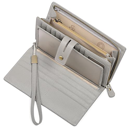 RFID-blockierende Damen-Geldbörse aus Leder mit langem Multi-Kartenfach und abnehmbarer Handschlaufe, Schnappverschluss, Clutch, Reisegeldbörse, grau von Generisch