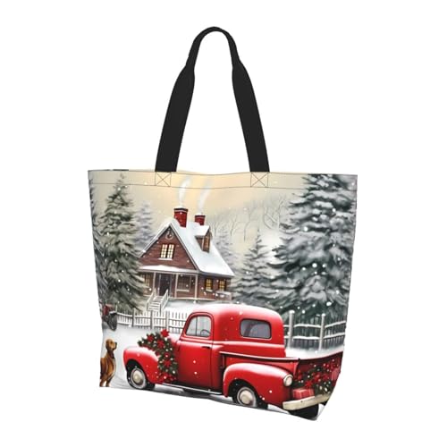 Red Truck Dog Tote Bag Damen Schulterhandtaschen Weihnachten Schnee Einkaufstasche Wasserabweisend Große Handtasche mit Innentasche für Arbeit Reise Schule von Generisch