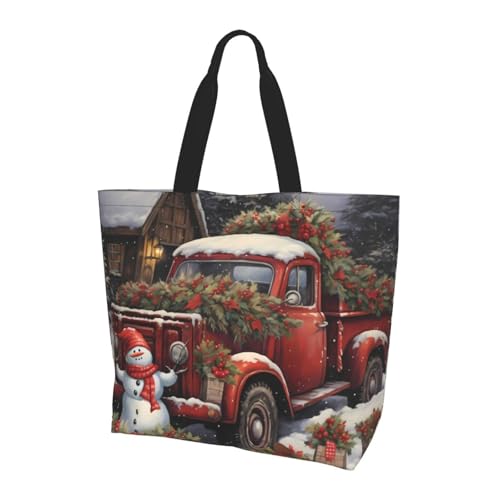 Red Truck Tote Bag Damen Schulterhandtaschen Weihnachten Schneemann Einkaufstaschen Wasserabweisend Große Handtasche mit Innentasche für Arbeit Reise Schule von Generisch