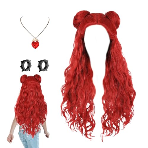 Red Wig for Kids, Long Red Curly Wig Costume Accessory for Girls, Pre-styled Bun RedWaves Costume with Necklace and Earrings, Rise Cosplay Hair for Hallo-ween, Birthday Parties, Themed Events von Generisch