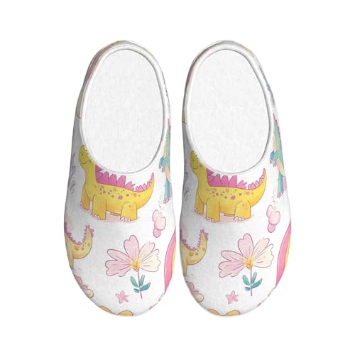Regenbogen Dinosaurier Damen Hausschuhe Flanell Haus Pantoffeln für Herren Cartoon Dino rutschfeste Warme Winterschuhe für Indoor Outdoor, mehrfarbig, X-Small Men/ Medium Women von Generisch