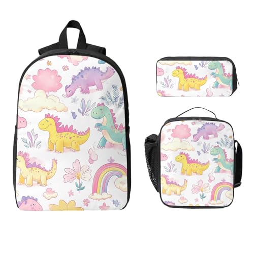 Regenbogen Dinosaurier Rucksack Set für Mädchen Jungen mit Lunchtasche Federmäppchen Cartoon Dino 3 Stück Schultaschen Isolierte Lunchbox Geschenke für Frauen Männer von Generisch