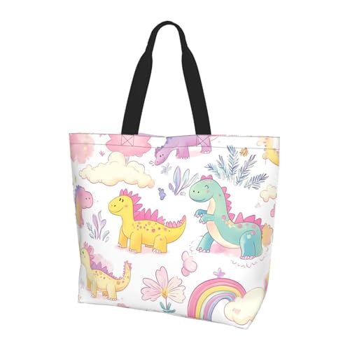 Regenbogen Dinosaurier Tote Bag Damen Schulterhandtaschen Cartoon Dino Einkaufstaschen Wasserabweisend Große Handtasche mit Innentasche für Arbeit Reise Schule von Generisch