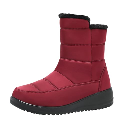 Regenboots Damen Winter Fleece Gefüttert Breite Fuße Stiefeletten Bequem Dicke Wasserdicht rutschfest Boots Freizeit Ohne Schnürsenkel Weitschaftstiefel Winterboots Damen Rot 36 von Generisch