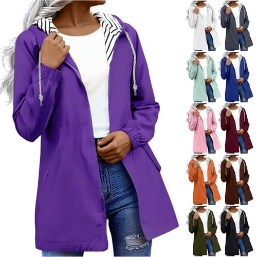 Regenjacke Damen Lang Wasserdicht Atmungsaktiv Regenmantel Leichte Faltbar Dünne Windbreaker Wanderjacke Einfarbig Softshelljacke Gefüttert mit Gestreift Stanzjacke Übergangsjacke von Generisch
