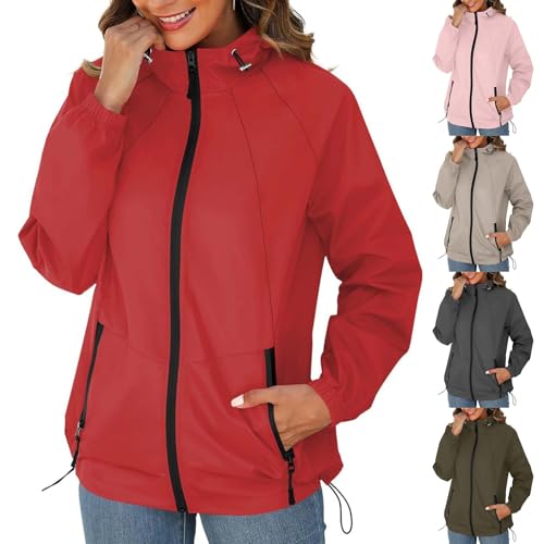 Regenjacke Damen Leicht Wasserdicht Sportjacke Damen Große Größen Übergangsjacke Mit Kapuze Winddichte Funktionsjacke Zipper Wanderjacke Einfarbig Softshelljacke Outdoorjacke Mode Windbreaker von Generisch