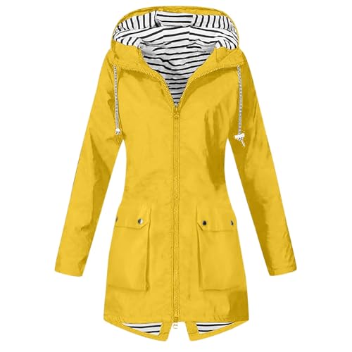 Regenjacke Damen Wasserdicht Outdoorjacke Leicht Atmungsaktiv Wanderjacke Grosse Grössen Windbreaker Winddicht Softshelljacke Lang Funktionsjacke Gefüttert Übergangsjacke Outdoor (02-Yellow, M) von Generisch