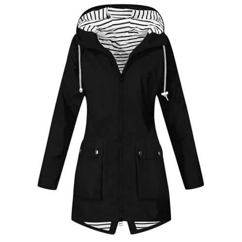 Regenjacke Damen Wasserdicht Winddichter Atmungsaktiv Regenmantel Regenparka Leichte Dünne Windbreaker Übergangsjacke Herbstjacke Einfarbige Oberteil Frauen Elegante Lose Bomberjacke (Black, XXL) von Generisch
