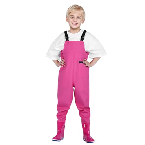 Regenlatzhose Kinder Wasserdicht Strapazierfähige Regenhose Matschhose Mit Taschen Und Gummistiefel Outdoor Mode Wathose Überziehhose Kinderwathose Leicht Anglerhose Fischerhose Heißes Rosa 30 von Generisch