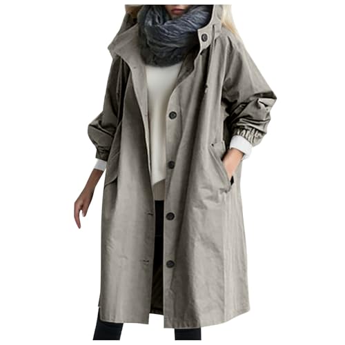 Regenmantel Damen Wasserdicht Atmungsaktiv - Trenchcoat Damen Windbreaker Gefüttert Regenjacke Lang Übergangsmantel Herbstjacke mit Kapuzen Leicht Windjacke Softshelljacke Große Größen von Generisch