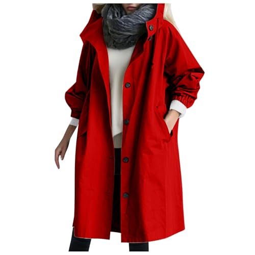 Regenmantel Damen Wasserdicht Atmungsaktiv - Trenchcoat Damen Windbreaker Gefüttert Regenjacke Lang Übergangsmantel Herbstjacke mit Kapuzen Leicht Windjacke Softshelljacke Große Größen von Generisch