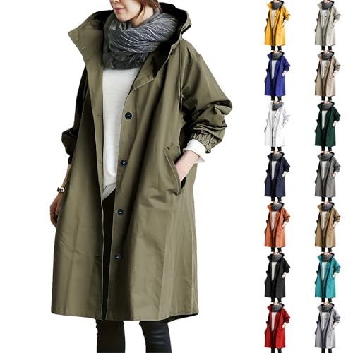 Regenmantel Damen Wasserdicht Gefüttert Regenjacke Lang Elegant Trenchcoat Windbreaker Leichte Herbst Jacke Mit Kapuzen Übergangsjacke Locker Windjacke Softshelljacke Outdoorjacke Große Größen von Generisch