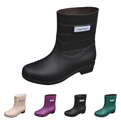 Regenstiefel Damen Mid Calf,Damen Gummistiefel Größe Einfarbige Plateau Mit Keilabsatz Rutschfester Wasserschuhe Outdoor Overshoes Rain Boots Halbstiefel von Generisch