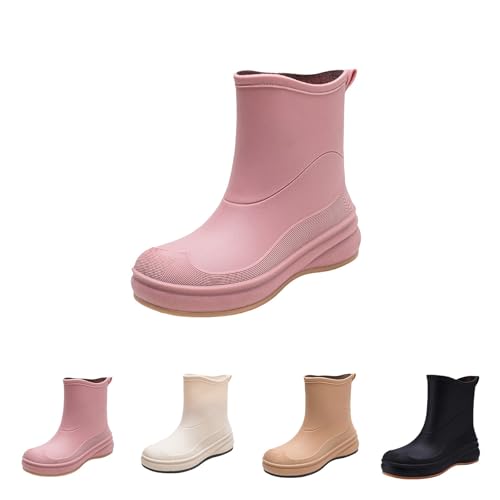 Regenstiefel Damen Mid Calf,Gummistiefel Für Damen Einfarbige Plateau Keilsandalen Rubber Wasserschuhe Mit Rutschfester Rain Boots Outdoor Work Overshoes Schuhe von Generisch