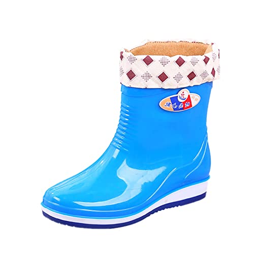 Regenstiefel für Damen und Erwachsene, mittlere Regenstiefel, modische Wasserstiefel, Baumwolle, gepolstert, Küche, Arbeitsschuhe, Damen-Regenmantel-Stiefel, blau, 38 EU von Generisch