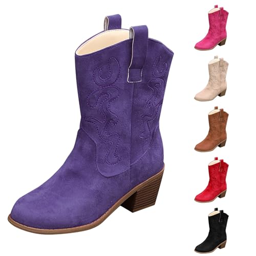 Regenstiefeletten Damen Halbstiefel Herbst Spitz Zehe Block Heels Cowboystiefel Einfarbig Trendy Mit Blumen Lederstiefel Outdoor Oversized Casual Ankle Boots Bequeme Damenstiefel,37.5-41 Eu von Generisch