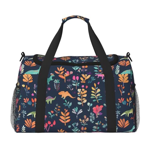 Reisetasche mit Dinosaurier-Blumen-Motiv, Waldblätter, Fitnessstudio, Wochenendtasche für Männer und Frauen, leichtes Handgepäck für Workout, Urlaub von Generisch