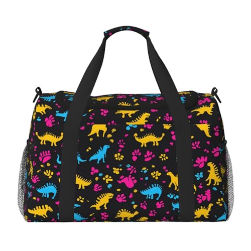 Reisetasche mit bunten Dinosauriern, Motiv: Dino, Pfotenabdruck, Fitnessstudio, Übernachtung, Wochenendtasche für Männer und Frauen, leichtes Handgepäck für Workout, Urlaub von Generisch