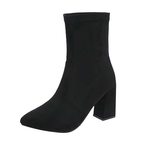 Retro Foreign Chunky Heel Boots Damen 2025 Elastisch Skinny Wildleder Mid Calf Damen, Schwarz , 39.5 EU von Generisch