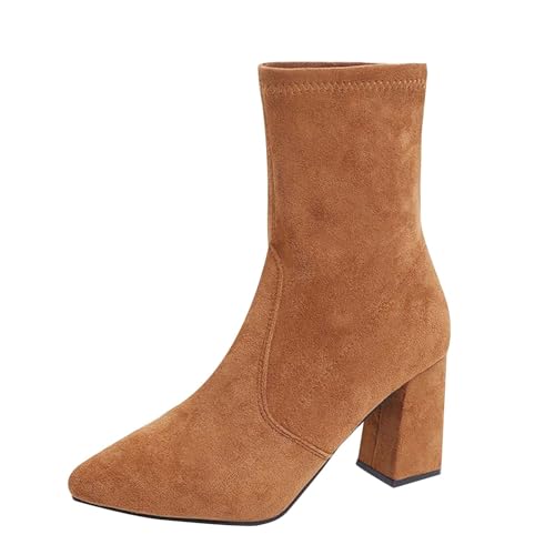 Retro Foreign Chunky Heel Boots Damen 2025 Elastisch Skinny Wildleder Mid Calf Damen, braun, 37.5 EU von Generisch