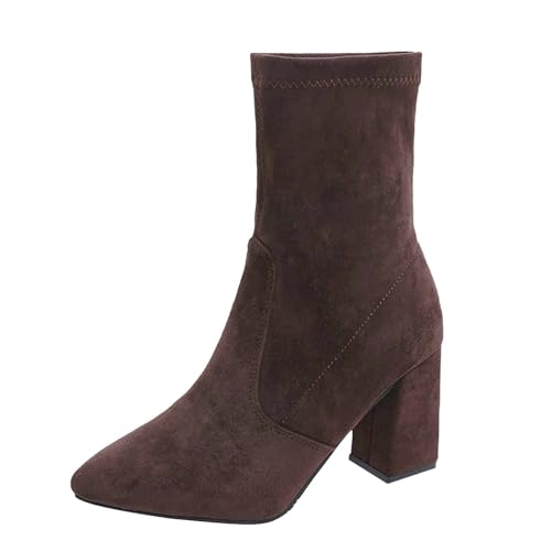 Retro Foreign Chunky Heel Boots Damen 2025 Elastisch Skinny Wildleder Mid Calf Damen, coffee, 37.5 EU von Generisch