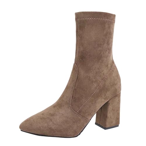 Retro Foreign Chunky Heel Boots Damen 2025 Elastisch Skinny Wildleder Mid Calf Damen, khaki, 37 EU von Generisch