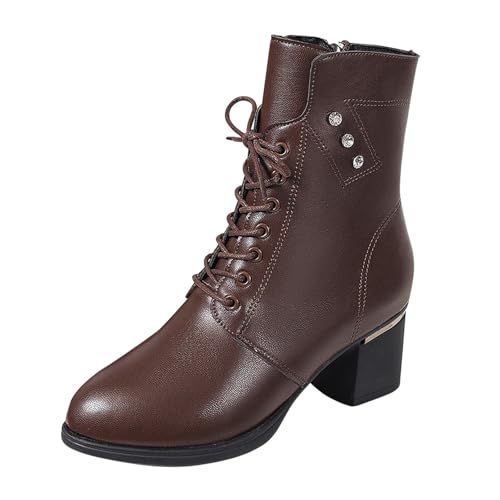 Retro Kurzstiefel Leder Stiefeletten Damen Mit Absatz - Übergangsstiefel Blockabsatz Halbhoch Damenstiefel Pu Lederstifel Warme Winterstiefel Übergangsstiefel Schnürer Ankle Boots Knöchelstiefel von Generisch