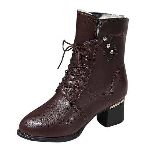 Retro Kurzstiefel Leder Stiefeletten Damen Mit Absatz - Übergangsstiefel Blockabsatz Halbhoch Damenstiefel Pu Lederstifel Warme Winterstiefel Übergangsstiefel Schnürer Ankle Boots Knöchelstiefel von Generisch