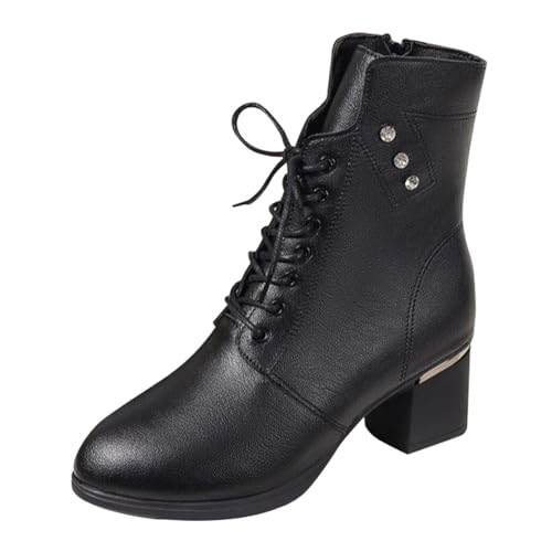 Retro Kurzstiefel Leder Stiefeletten Damen Mit Absatz - Übergangsstiefel Blockabsatz Halbhoch Damenstiefel Pu Lederstifel Warme Winterstiefel Übergangsstiefel Schnürer Ankle Boots Knöchelstiefel von Generisch
