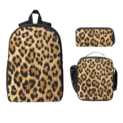 Retro Leopard Print Rucksack Set für Mädchen Jungen mit Lunchtasche Federmäppchen Giraffenhaut 3 Stück Schultaschen Isolierte Lunchbox Geschenke für Frauen Männer von Generisch