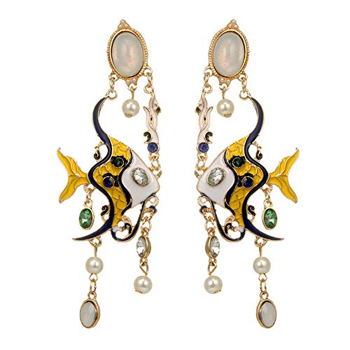 Retro-Ohrringe für Frauen, tropische Fische, Kunstperlen, lange baumelnde Ohrhänger, Damen-Ohrringe, Schmuck – goldfarben von Generisch