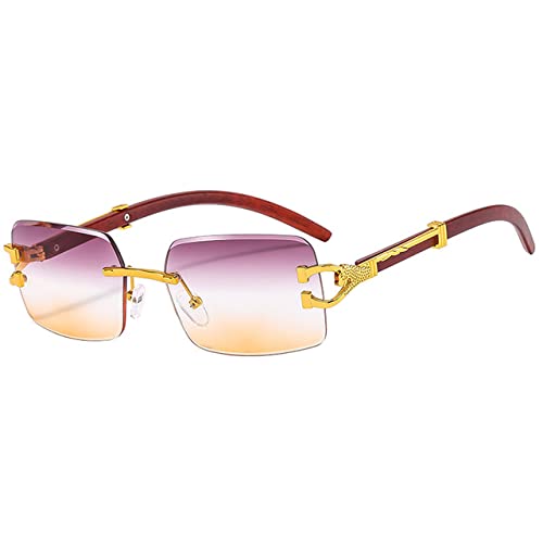 Retro-Sonnenbrille für Herren, UV400, randlos, klar, Ozean, Farbverlauf, Metall, Leopardenmuster, Grün, Violett / Orange, Einheitsgröße von Generisch
