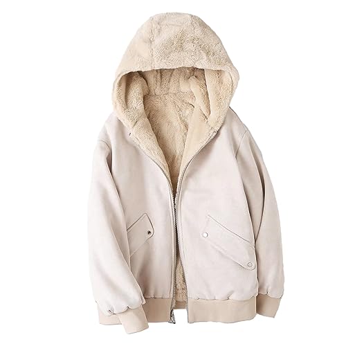 Reversible Damen-Plüsch-Kapuzenjacke mit einfarbigem verdicktem Fleece-Wintermantel Mantel Fell Damen (Beige, S) von Generisch