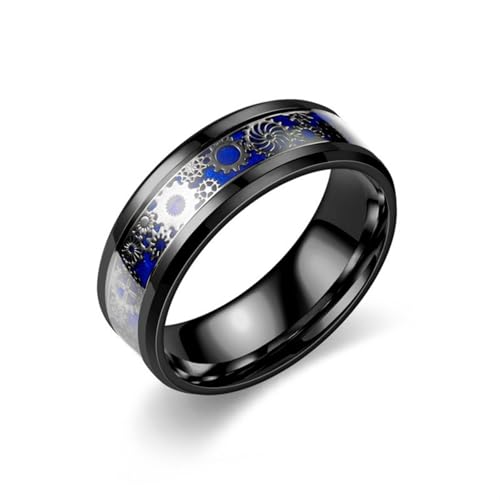 Ring mit mechanischem Zahnrad-Design, Breite 8 mm, Hochwertiger Schmuck in Metalloptik für Damen und Herren, Größe 13, Schwarz mit Blau-Zahnrädern von Generisch