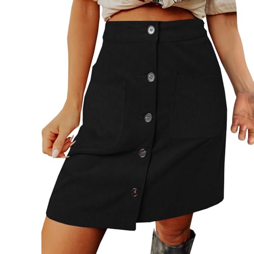 Rock Damen Cordrock Braun A Linie Schwarz Kbielang Cordrock Wollrock Wildleder Midi Short Skirt Hosenrock Hohe Taille Winter Minirock Warm Knopf Elegant Winterrock Cord Rock von Generisch