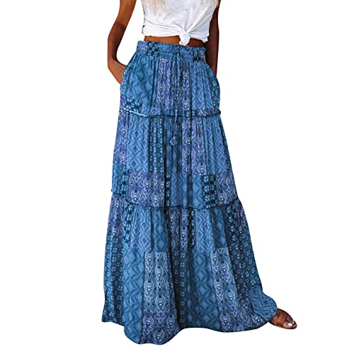 Rock Damen Lang Boho Blumen Hohe Elastische Taille mit Taschen und Kordelzug Maxi Skirt Faltenrock Strandrock Freizeitrock Elegant Hochzeit Cocktail Skirt von Generisch