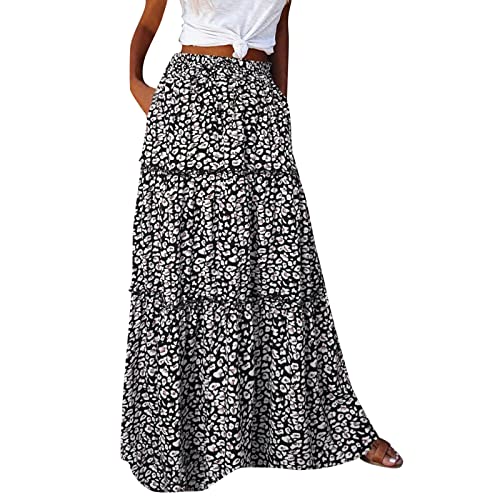 Rock Damen Lang Boho Blumen Hohe Elastische Taille mit Taschen und Kordelzug Maxi Skirt Faltenrock Strandrock Freizeitrock Elegant Hochzeit Cocktail Skirt von Generisch